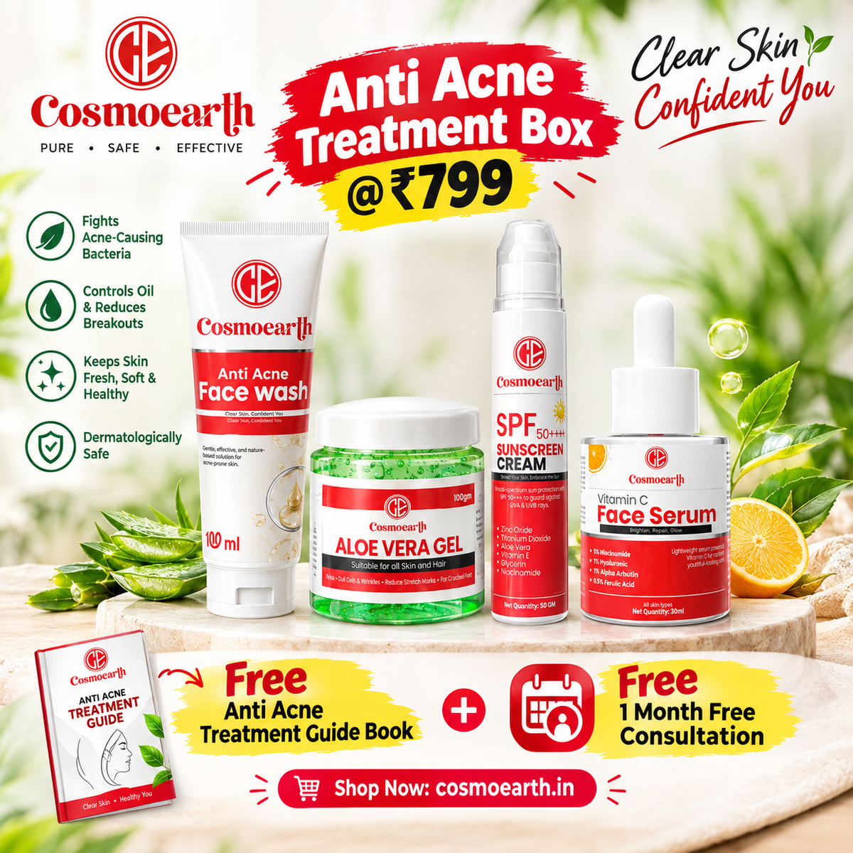 Cosmoearth Anti Acne Skincare Box for Acne Prone Skin, 4 Piece Set