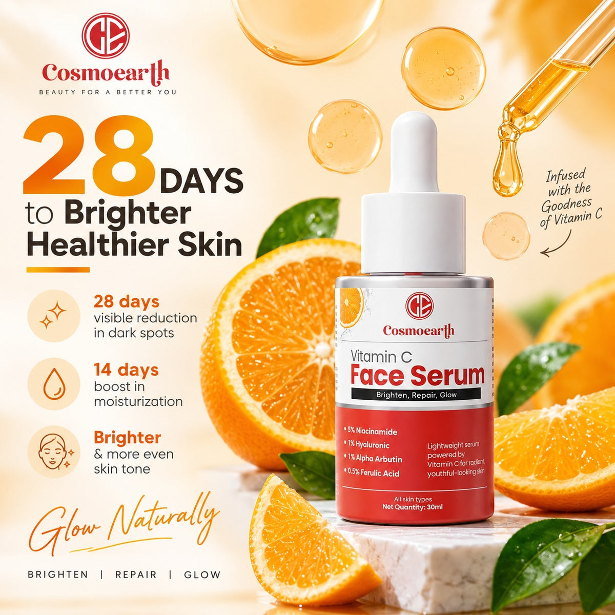 Cosmoearth Vitamin C Face Serum - Brighten, Repair & Glow - 30ml