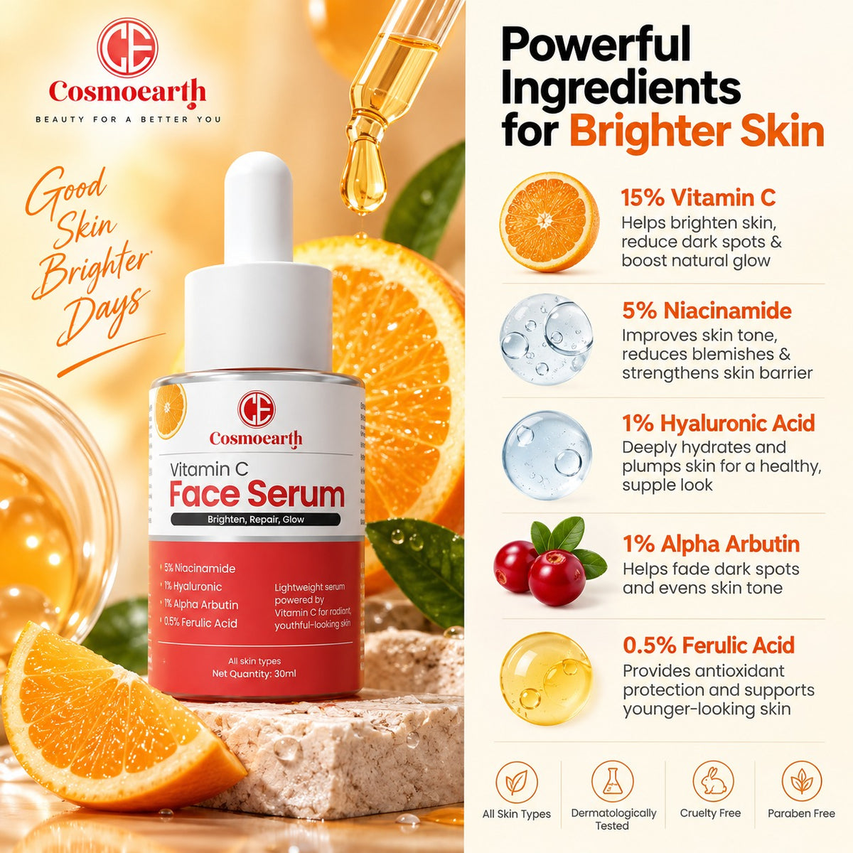 Cosmoearth Vitamin C Face Serum - Brighten, Repair & Glow - 30ml